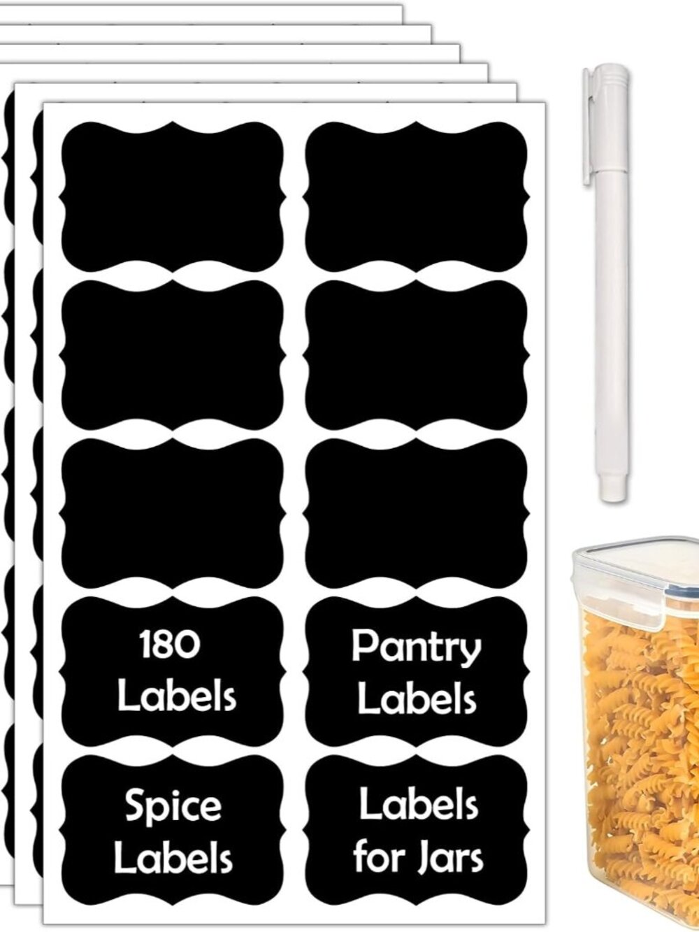 180Pcs Labels for Jars,Black Wavy Stickers with 1 Chalk Markers